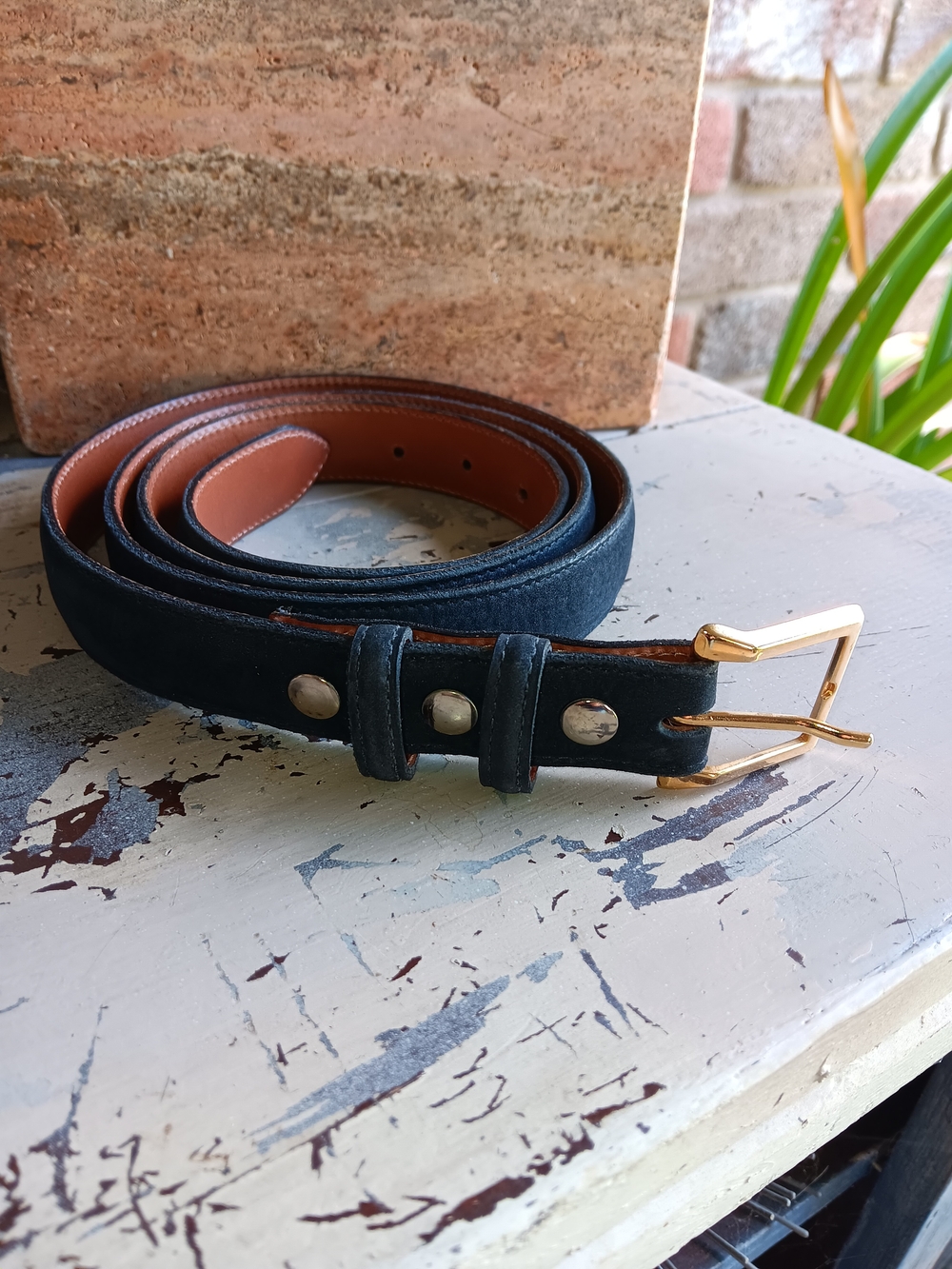 Lucchese Black Suede Leather Belt Gold Buckle 44 waist USA